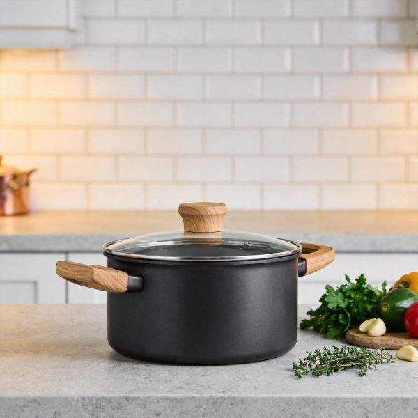 Matte Black Stainless Steel Stock Pot with Wood Handles